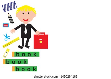 schoolboy with a briefcase on a white background with school supplies, isolate, vector