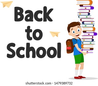 Schoolboy carries a large stack of books, a character on a white. Back to school