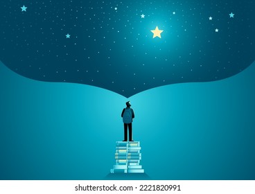 Schoolboy carrying backpack standing on pile of books with the open space above him as a representation of his big dream, vector illustration