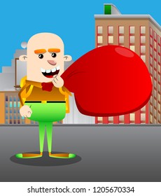 Schoolboy carrying big red Santa's Christmas sack. Vector cartoon character illustration.