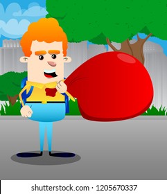 Schoolboy carrying big red Santa's Christmas sack. Vector cartoon character illustration.
