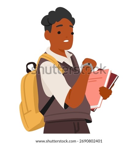 Schoolboy cartoon character nervously looking at wristwatch waiting for classmate being late isolated on white. Boy impatience, anxiety, time management, school punctuality vector illustration