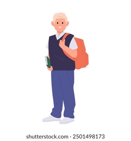 Schoolboy cartoon character wearing uniform holding backpack going to school vector illustration