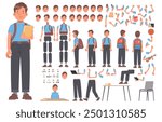 Schoolboy character constructor. Set of student body with different positions of hands legs head and many emotions for creating your illustrations and animations. DIY kit. Vector illustration in flat 