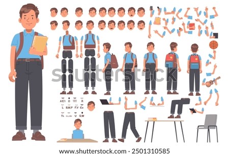 Schoolboy character constructor. Set of student body with different positions of hands legs head and many emotions for creating your illustrations and animations. DIY kit. Vector illustration in flat 