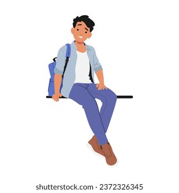 Schoolboy Character Is Seated On A Bench Or Parapet, Engrossed In His Thoughts, His Backpack Resting Beside Him As He Takes A Momentary Break From His Studies. Cartoon People Vector Illustration