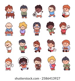 Schoolboy character set featuring various emotions, daily activities, studying moments, sports, technology use, reading books, exercising, carrying a backpack and celebrating valentines day