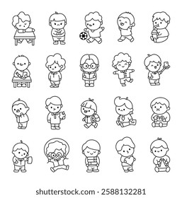 Schoolboy character set featuring various emotions, daily activities, studying moments, sports, technology use, reading books, exercising, carrying a backpack and celebrating valentines day