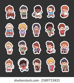 Schoolboy character set featuring various emotions, daily activities, studying moments, sports, technology use, reading books, exercising, carrying a backpack and celebrating valentines day