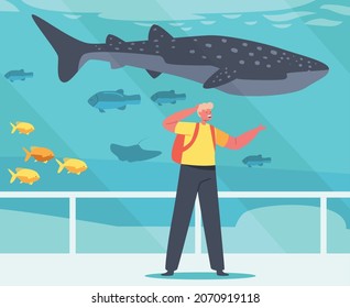 Schoolboy Character Stand at Oceanarium with Underwater Whale, Fishes, Sea and Ocean Animals. Child Visiting Aquarium, Kids Weekend Leisure, Tour or Excursion. Cartoon People Vector Illustration