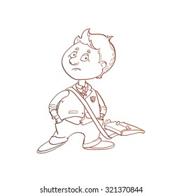 Schoolboy character vector sketch. Linear pen drawing vector sketch.