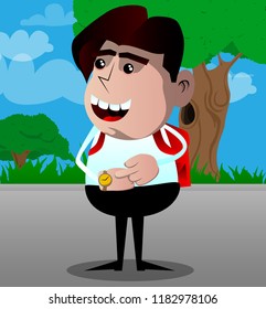 Schoolboy checking his watch. Vector cartoon character illustration.