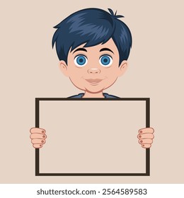 schoolboy children holding blank paper board or poster. Vector of boy holding board signs or placards with empty space templates for text, banners, and ads.