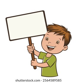 schoolboy children holding blank paper board or poster. Vector of boy holding board signs or placards with empty space templates for text, banners, and ads.