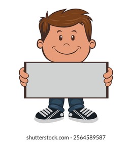 schoolboy children holding blank paper board or poster. Vector of boy holding board signs or placards with empty space templates for text, banners, and ads.