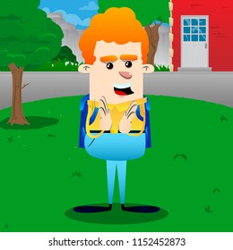Schoolboy with clapping hands. Vector cartoon character illustration.