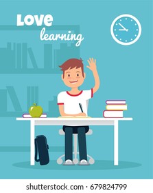 Schoolboy in classroom sitting at his desk and learning. Elementary school pupil raising hand. Vector illustration.