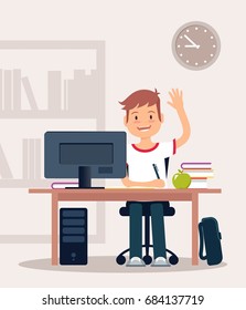 Schoolboy in classroom sitting at his desk and learning. Elementary school pupil raising hand. Vector illustration.