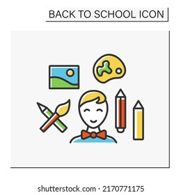Schoolboy color icon. Back to school. Happy student draw. Imagination. Draw with pencils. Education concept. Isolated vector illustration