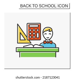 Icono de color de escolar. De vuelta a la escuela. Feliz conteo estudiantil, con clases de matemáticas. Cálculo. Concepto de educación. Ilustración vectorial aislada