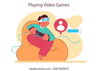 Schoolboy with a console, playing video games. Imagination and communication skill development. Happy childhood. Flat vector illustration
