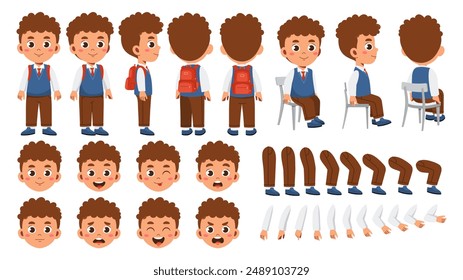 Schoolboy constructor set. Boy in school uniform. Kid in different poses and angle of views. Legs, arms and heads to create animation. Flat vector collection isolated on white background