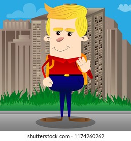 Schoolboy cooling himself with his hand. Vector cartoon character illustration.