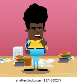 Schoolboy cooling himself with his hand. Vector cartoon character illustration.
