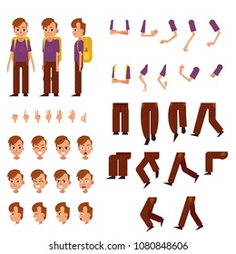 Escolar - niñito con pelo marrón con mochila. Aisladas varias partes del cuerpo, las emociones de la cara, los gestos de la mano kit de caricatura masculina infantil. Ilustración vectorial plana.