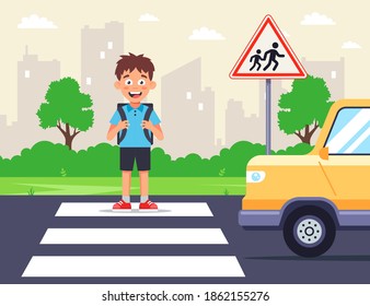 a schoolboy crosses the road on a zebra crossing. the car passes a pedestrian. children caution road sign. flat vector illustration.