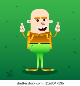 Schoolboy crossing his fingers and wishing for good luck. Vector cartoon character illustration.