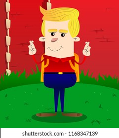 Schoolboy crossing his fingers and wishing for good luck. Vector cartoon character illustration.