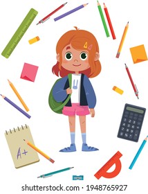 Schoolboy cute beautiful girl surrounded by subjects related to study. Stationery. Multicolored vector illustration. Pencils, calculator, ruler and more