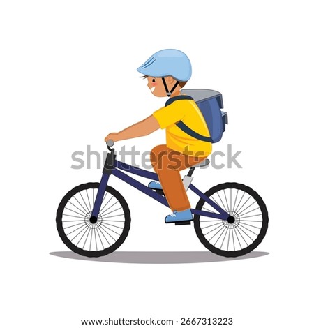Schoolboy cycling, blue helmet, backpack, yellow shirt, urban commute, healthy kids active transport, cartoon 
