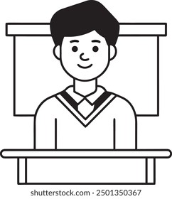 schoolboy at a desk black and white illustration