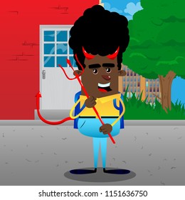 Schoolboy devil with pitchfork. Vector cartoon character illustration.