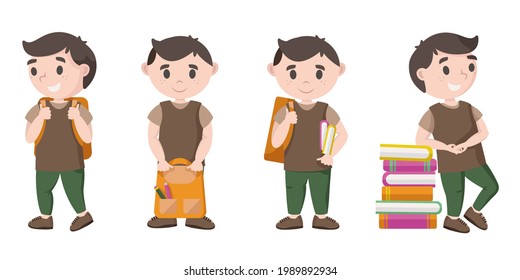 Schoolboy in different poses. Pupil in cartoon style