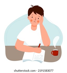 The schoolboy does difficult homework. The student is engaged, learning difficulties. Vector flat illustration.