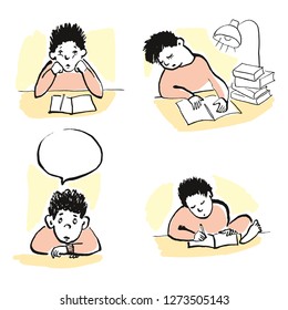 A schoolboy does homework. Set of hand-drawn illustrations in sketch style.
