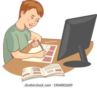 Schoolboy doing his homework during online lesson at home, social distance during quarantine, self-isolation, online education, vector image