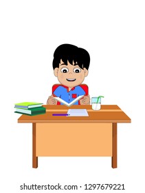 Schoolboy doing homework. kid doing a homework. Happy cute school boy writing for homework, Study concept, Vector illustration. child running lesson