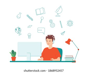 Schoolboy is doing homework online. Boy sits at a computer table in headphones. Concept of distance education. E-learning. Remote schooling. Child working on a computer. Isolated vector illustration