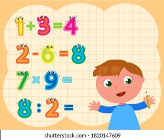 Schoolboy doing maths operations with funny numbers, cartoon vector illustration