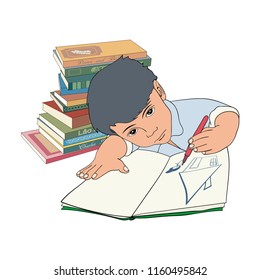 The schoolboy draws. Vector illustration of a schoolboy who draws a house.