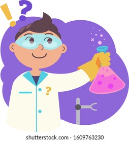 Schoolboy in a dressing gown and glasses with a flask conducts chemical experiments, a flat vector illustration study chemical experiments