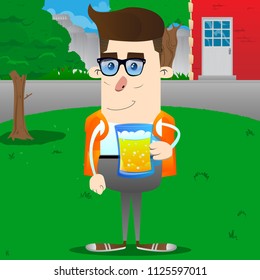 Schoolboy drinking beer. Vector cartoon character illustration.