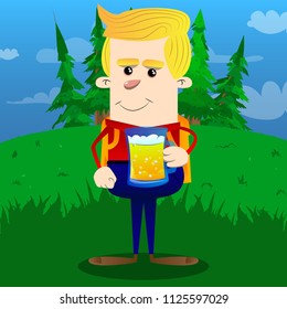 Schoolboy drinking beer. Vector cartoon character illustration.