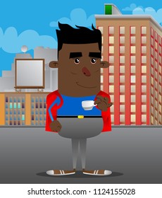 Schoolboy drinking coffee. Vector cartoon character illustration.