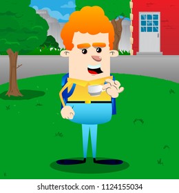 Schoolboy drinking coffee. Vector cartoon character illustration.