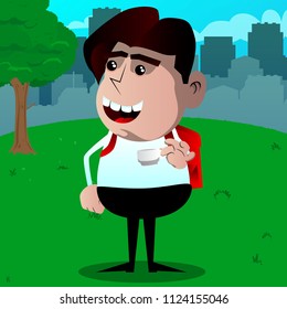 Schoolboy drinking coffee. Vector cartoon character illustration.